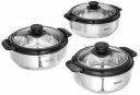 Amazon Brand - Solimo Stainless Steel Casserole with Glass Lid, Set of 3 (1900ml/1500ml/1000ml), Silver and Black...