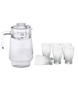 Somil Drinking Set of One Jar with Lid & Six Transparent, Clear Self Designer Glass