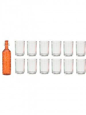 Somil Exquisite Beverage Glass Serving Set with Featuring Elegant Orange Bottle, 1000 ml Capacity, and 12 Individual 150 ML. Glasses