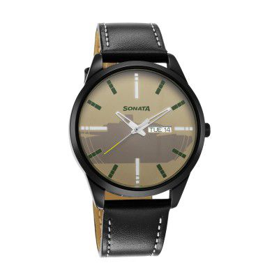 Sonata Force Quartz Analog with Day and Date Off White Dial Leather Strap Watch for Men-NR7146NL02