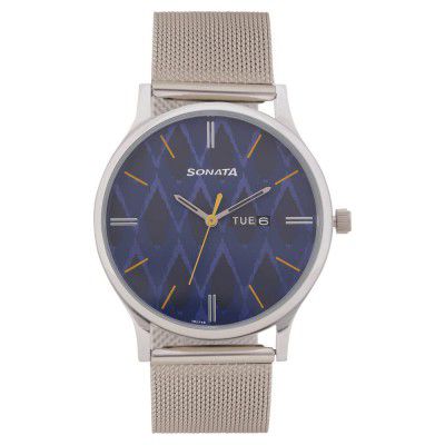 Sonata Knot Blue Dial Stainless Steel Strap Analog Watch for Men-NR77105SM04