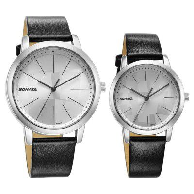Sonata Pairs Quartz Analog Silver Dial Leather Strap Watch for Couple-NS7712887047SL01P