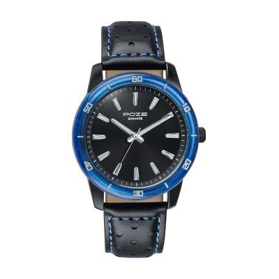 Sonata Poze 7 Analog Black Dial IP Black + Blue Stitch Leather Strap Watch for Men - SP70092KL01W