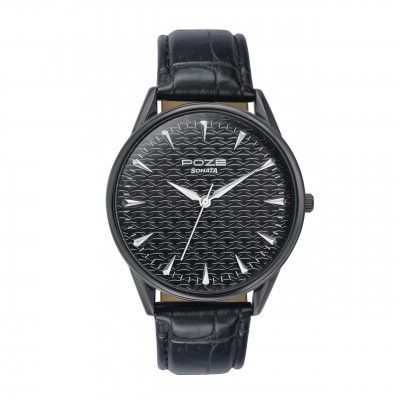 Sonata Poze Quartz Black Dial Black Leather Strap Analog Watch for Men-SP70047NL01W