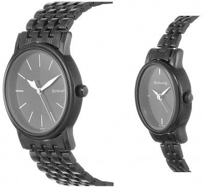 Sonata Quartz Analog Black Dial Metal Strap Watch for Couple-NS11418100NM01P