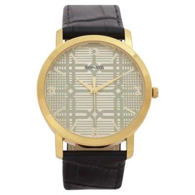 Sonata Quartz Analog Silver Dial Leather Strap Watch for Men-NR99701YL03