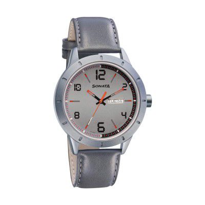 Sonata Quartz Analog with Day and Date Grey Dial Leather Strap Watch for Men-7137AL01