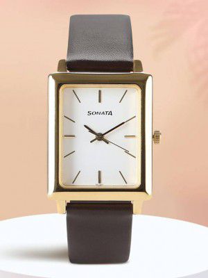 SONATA Quartz White Dial Brown Leather Strap Analog Watch - For Men NT7078YL01