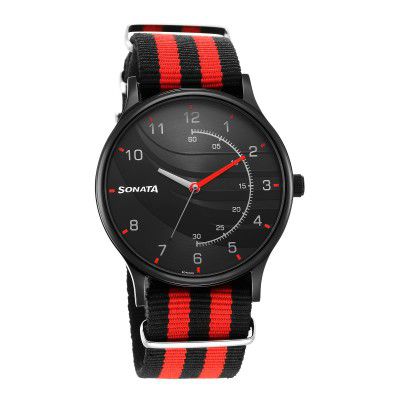 Sonata RPM Black Dial Plastic Strap Watch for Men-77105NP01
