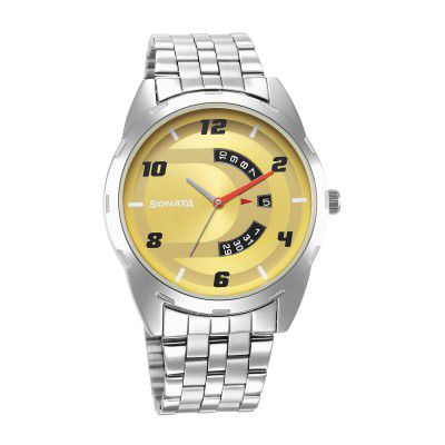 Sonata RPM Champagne Dial Stainless Steel Strap Analog Watch for Men-7149SM02