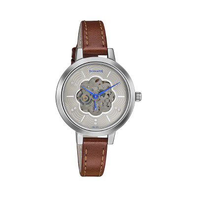 Sonata Unveil Quartz Multifunction Leather Strap Watch for Women-8141SL05