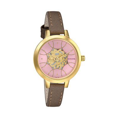 Sonata Women Leather Analog Pink Dial Watch-8141Yl02, Band Color-Brown