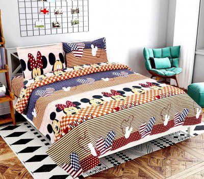 Soniasaa Super Prime Collection 230 TC Cotton-Blend Double(90x90 Inch) Sized Bedsheet with 2 Pillow Covers (Skin Micky Mouse)