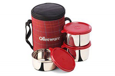 SOPL-OLIVEWARE Absolute Lunch Box | Stainless Steel Containers | Ideal for Office Use | Insulated Fabric Bag | Leak Proof | Full Meal & Easy to Carry (Absolute Lunch Box, Red)