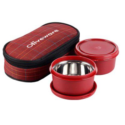 SOPL-OLIVEWARE Deniz Lunch Box, 2 Inner Steel Containers (450 ml Each), Leak Proof & Microwave Safe, Insulated Fabric Bag, Full Meal & Easy to Carry (Red)