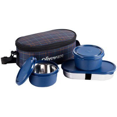 SOPL-OLIVEWARE Hazel Lunch Box, Leak Proof & Microwave Safe, 3 Inner Steel Containers 