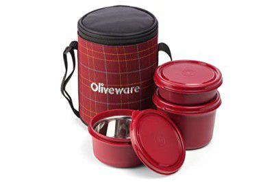 SOPL-OLIVEWARE Infinite Lunch Box, Microwave Safe & Leak Proof, 3 Inside Steel Containers with BPA Free Airtight Lids (290ml, 450ml & 600ml), Fabric Bag - Red