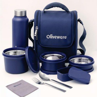 SOPL-OLIVEWARE Teso Pro Lunch Box with Steel Cutlery, 3 Microwave Safe Inside Steel Containers