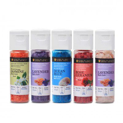 Soulflower Bath Salt Granules Combo Pack of 5 (20g Each) | Men & Women for Foot spa, Muscle Pain Relief, Relaxing, body scrub |100% Pure & Natural Sea Salt