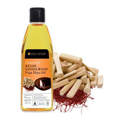 Soulflower Pooja Diya Oil for Festival, Hawan, Spiritual Puja | Saffron (Kesar) and Sandalwood (Chandan), 225ml