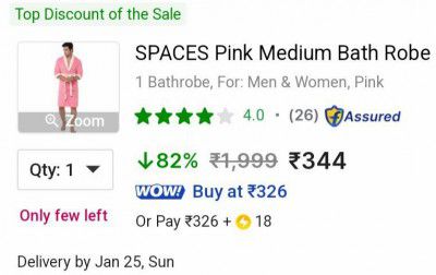 SPACES Pink Medium Bath Robe (1 Bathrobe, For: Men & Women, Pink)