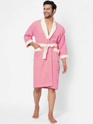 SPACES Pink Solid 300 GSM Pure Cotton Bathrobe