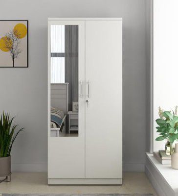 Spacewood Carnival Wardrobe | 3 Year Warranty | Almirah, Cupboard, Almari, 2 Door Wardrobe with Mirror, 1 Hanging Space|Engineered Wood| Kingston White