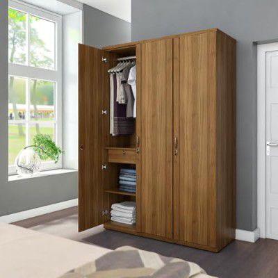 Spacewood Harmony Wardrobe | 3 Year Warranty | Almirah, Cupboard, Almari, 3 Door Wardrobe, 2 Drawer (2 Lock Drawer) and 2 Hanging Space|Engineered Wood|Natural Teak