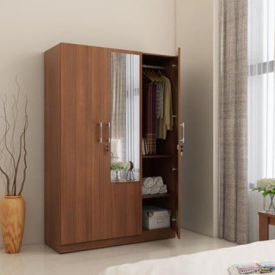 Spacewood Optima Wardrobe | 3 Year Warranty | Almirah, Cupboard, Almari, 3 Door Wardrobe with Mirror, 2 Hanging Space|Engineered Wood| Walnut Rigato