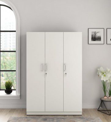 Spacewood Optima Wardrobe | 3 Year Warranty | Almirah, Cupboard, Almari, 3 Door Wardrobe, 2 Hanging Space|Engineered Wood| Kingston White