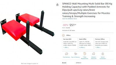 SPANCO Wall Mounting Multi Solid Bar (90 Kg Holding Capacity) with Padded Armrests for Dips/pull-ups/Leg raises/knee raises/triceps/Multiple Exercises for Muscles Training & Strength Increasing