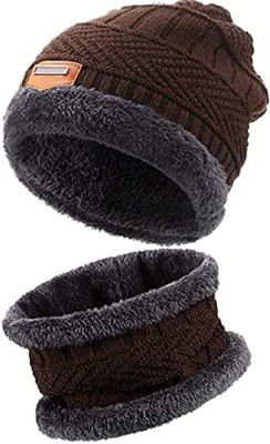 SPANCO Winter Knit Beanie Cap Hat Neck Warmer Scarf Set for Men & Women (2 Piece) (Color : Brown) Perfect for Morning & Evening Walk in Winters