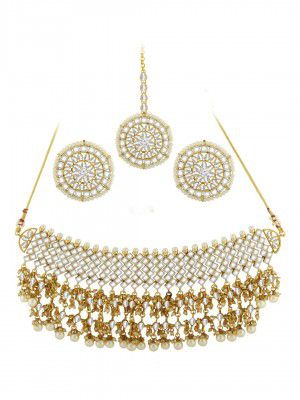 Spargz Bridal Gold Plated Kundan & Pearl Collar Necklace Set For Women TNS_142