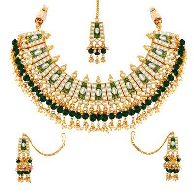 Spargz Designer Brass Gold Plated Kundan & Bead Choker Necklace Set for Women