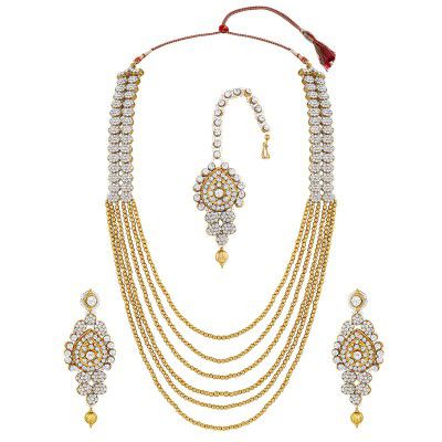 Spargz Traditional 6 Layer Long Haram Brass Gold Plated AD Opera Neckalce Set for Women