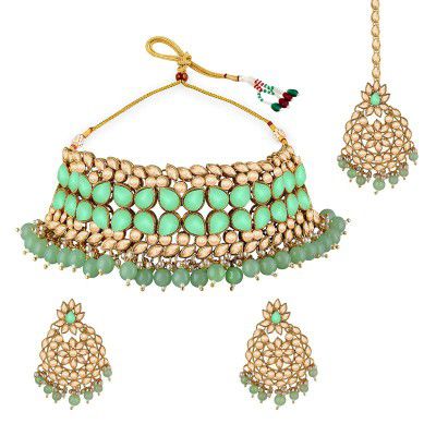 Spargz Traditional Alloy Gold Plated Synthetic Stone & Pearl Collar Necklace Set For Women TNS_138