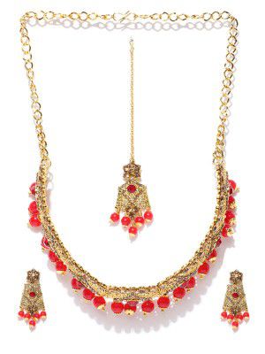 Spargz Traditional Filigree Brass Gold Plated AD Collar Neckalce Set with Mangtikka for Women