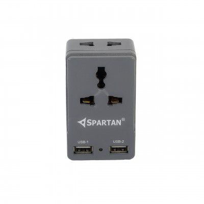 Spartan 3 Pin All Multiplug Charger/Travel Adapter, 10A Power Sockets / 2Pin & 3Pin Socket Adapter with Dual USB Charging Port (Grey)
