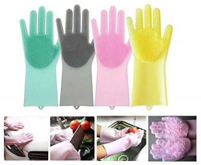 SPARTAN Silicon Dishwashing Gloves with Wash Scrubber, Cleaning Gloves Scrubbing Gloves for Dishes Heat Resistant and Reusable for Kitchen, Bathroom Cleaning and Pet Grooming (Pair of 1, Multicolor)