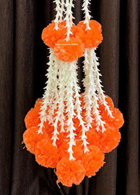 SPHINX Artificial Rajnigandha (Tuberose) & Clustered Marigold (Genda) Strings for Decoration Approx 2.33 ft - (Dark Orange, 12)