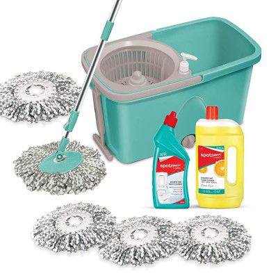 Spotzero By Milton Classic Mop, Toilet, Floor Cleaner, Refill Set - (Disinfectant Toilet Cleaner 1 pc x 500 ml, Disinfectant Floor Cleaner 1 pc x 1 Ltrs, Spin Mop Refill 3pc Pack x 1)