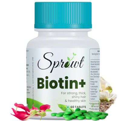 Sprowt Biotin + Tablet | Supplement For Strong Thick Hair & Glowing Skin | Improve the Energy Level | With Vitamin C, Green tea, Rosehip Extracts | Men & Women | 60 Biotin Veg Tablets