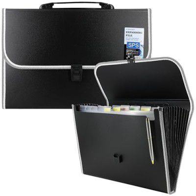 SPS 13 Pocket Expanding File Folder with Buckle Closure,Label Index and Handle for A4/Foolscap/Legal Documents (Black)