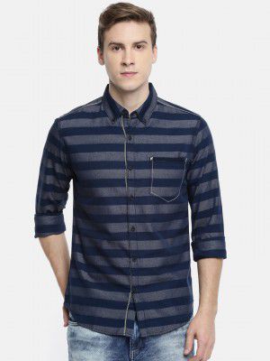 SPYKAR Men Navy Blue Slim Fit Striped Casual Shirt