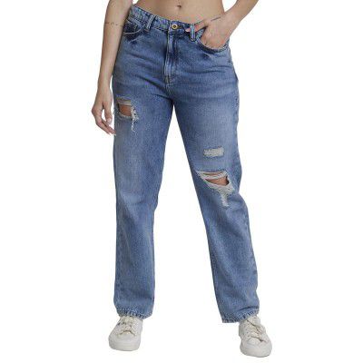 Spykar Women Light Blue Cotton Straight Fit Regular Length Low Distressed Jeans