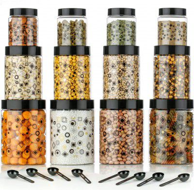 SR Creation Airtight Kitchen Containers Set of 12-4 pcs x 1200 ml Each, 4 pcs x 650 ml Each, 4 pcs x 350 ml Each, 12 Spoons Plastic Printed Design Jar Sets, Dabba For Home Storage (Black)