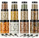 SR Creation Airtight Kitchen Containers Set of 12-4 pcs x 1200 ml Each, 4 pcs x 650 ml Each, 4 pcs x 350 ml Each, 12 Spoons Plastic Printed Design Jar Sets, Dabba For Home Storage (Black)...