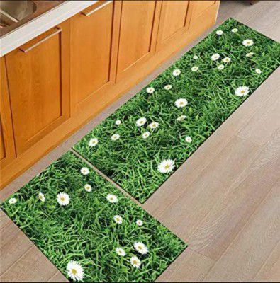 SR Handloom 3D Printed Kitchen Mats Water Absorbent and Anti Slip Rubber Rectangular Floor and Runner/ Kitchen Mat (400CM) (Green Flower)
