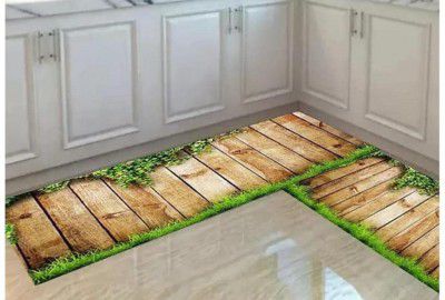 SR Handloom 3D Printed Kitchen Mats Water Absorbent and Anti Slip Rubber Rectangular Floor and Runner/ Kitchen Mat (400CM) (Beige Grass)
