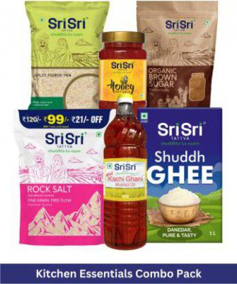 Sri Sri Tattva Kitchen Essentials Combo  (Shuddh Ghee 1L, Toor Dal 1 kg, Organic Brown Sugar 1 kg, Rock Salt Fine Grain 1 kg, Kachi Ghani Mustard Oil 1 L, Pure & Natural Honey 500 g)